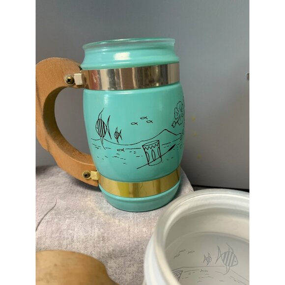 Vintage Siesta Ware Frosted Tiki Mugs With Wood & Brass Handles - 5 Rainbow Colo - Picture 6 of 13